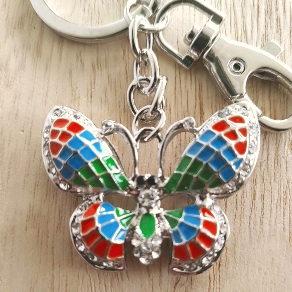 Aqua Sparkling Charms Chains Glitzy Butterfly, Rhinestones, Enamel Keychain